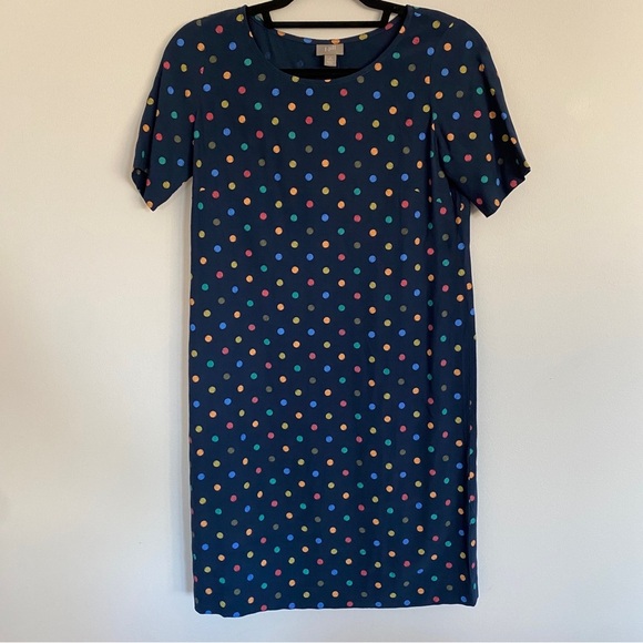 J.Jill Navy Short Sleeve Dress With Rainbow Polka Dots - Picture 3 of 4